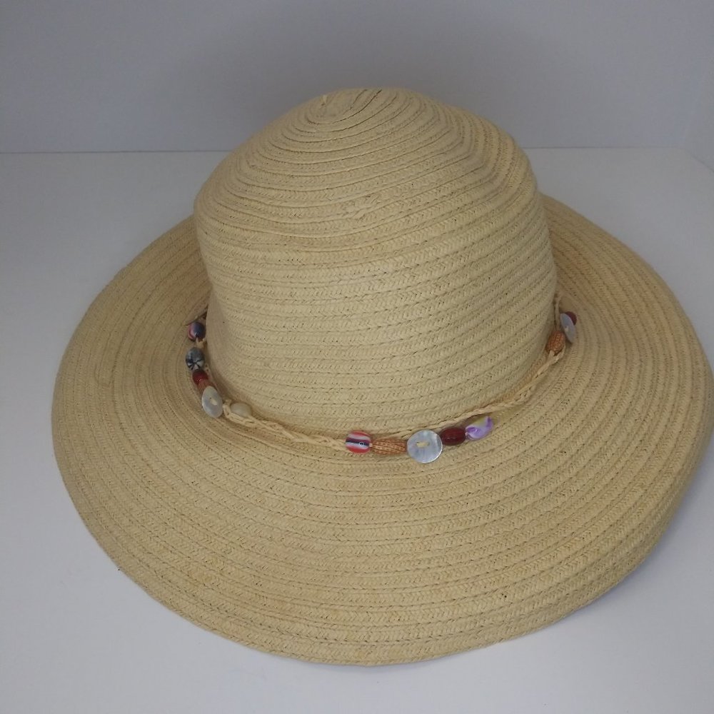 Bohemian Bucket Sun Hat SPF 50 Paper With Murano Style Beads and Shells Band